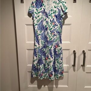Jude Connally Blue Green Flutter Sleeve V-Neck Dress